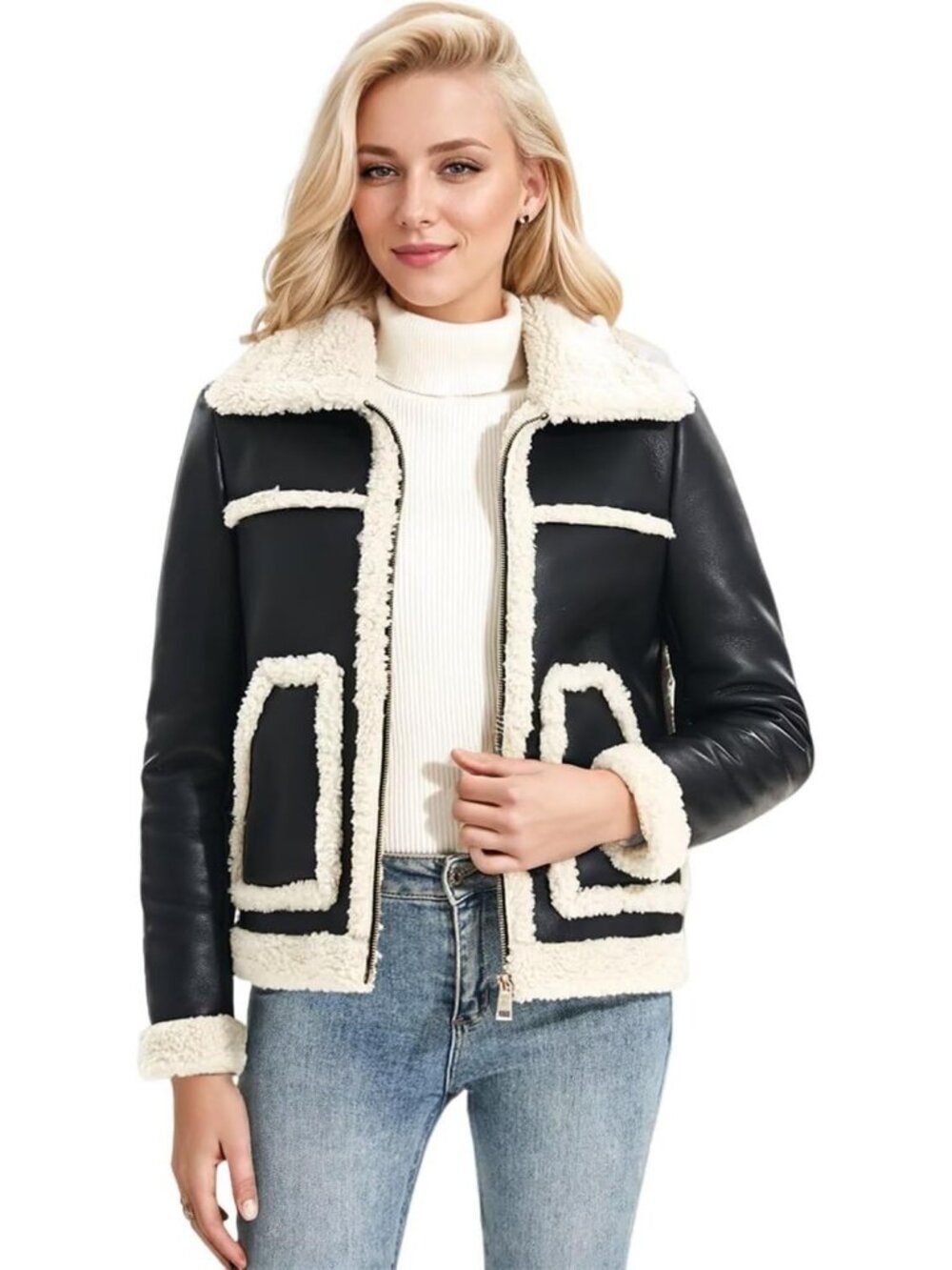 Women's Black Polyurethane Faux Shearing Fur Thick Lined Winter Leather Jacket
